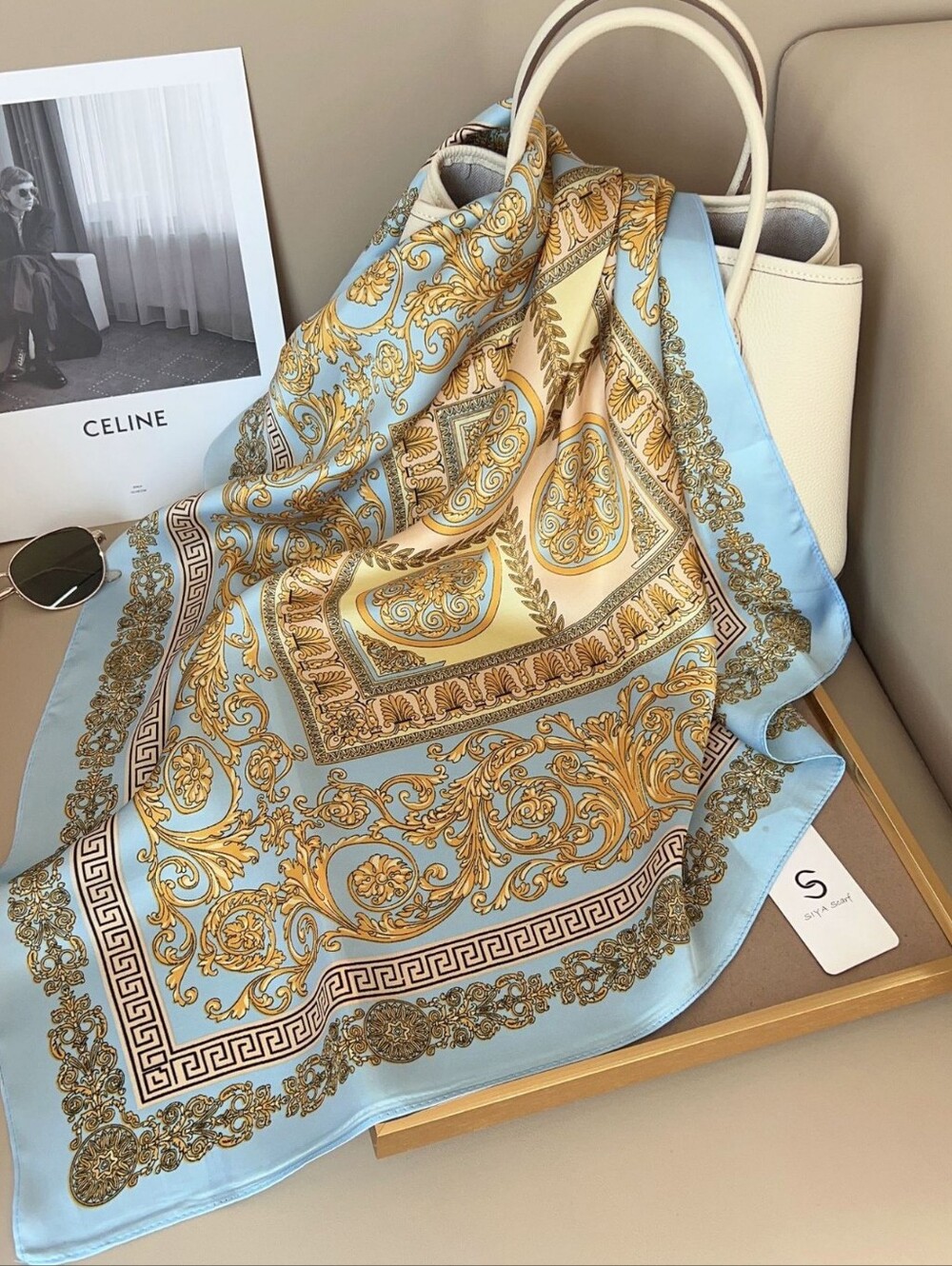 Silk-feel Ornate Blue and Gold Baroque Print Square Scarf 70*70cm